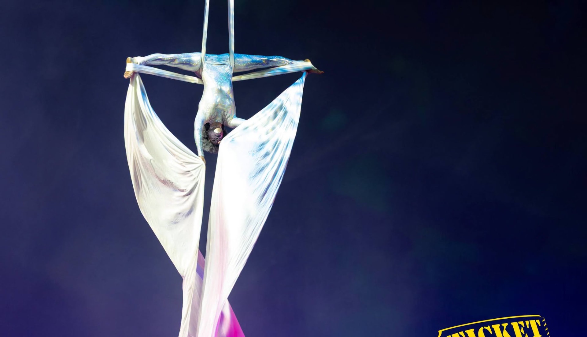 Aerial silk artist suspended above the stage