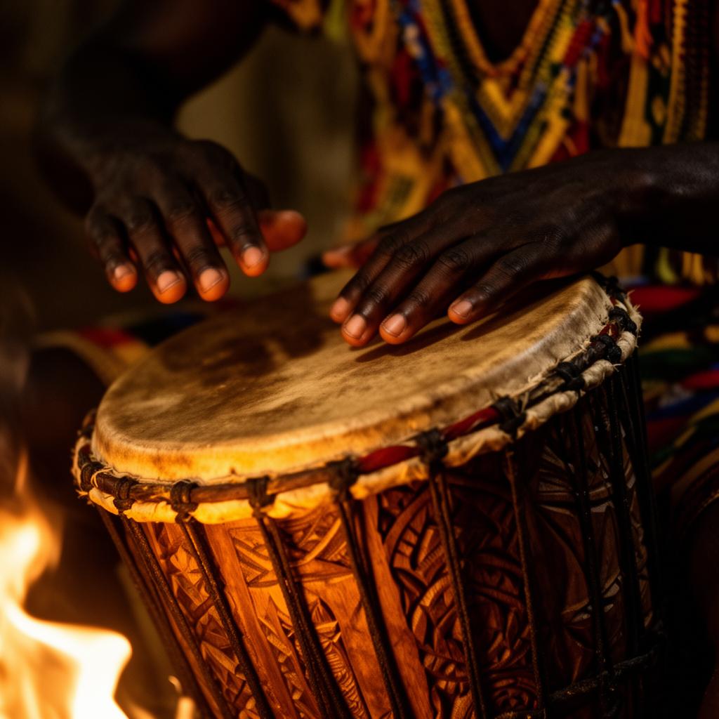 Close-up of Haitian hands playing a carved tanbou drum by firelight