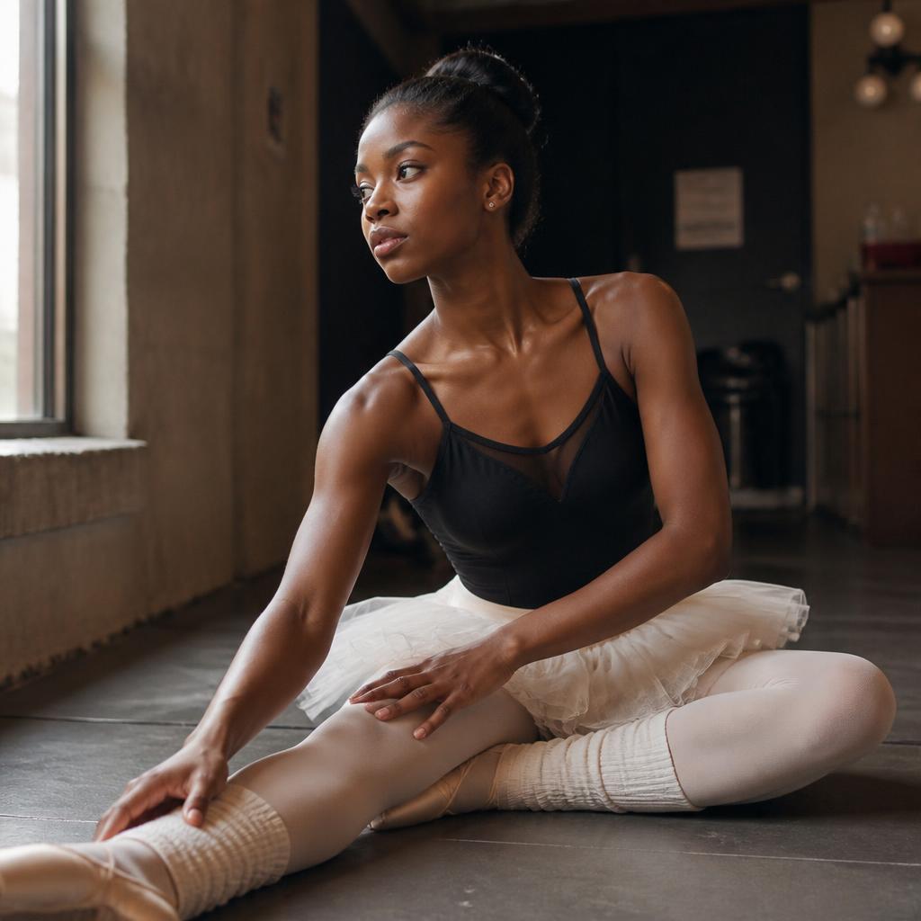 Black female dancer stretching in soft window light backstage