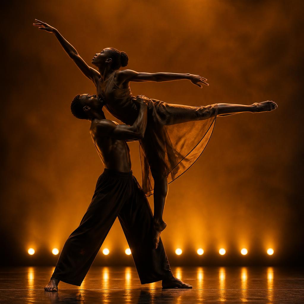 Two Black dancers in a lifted partnering pose against amber stage light