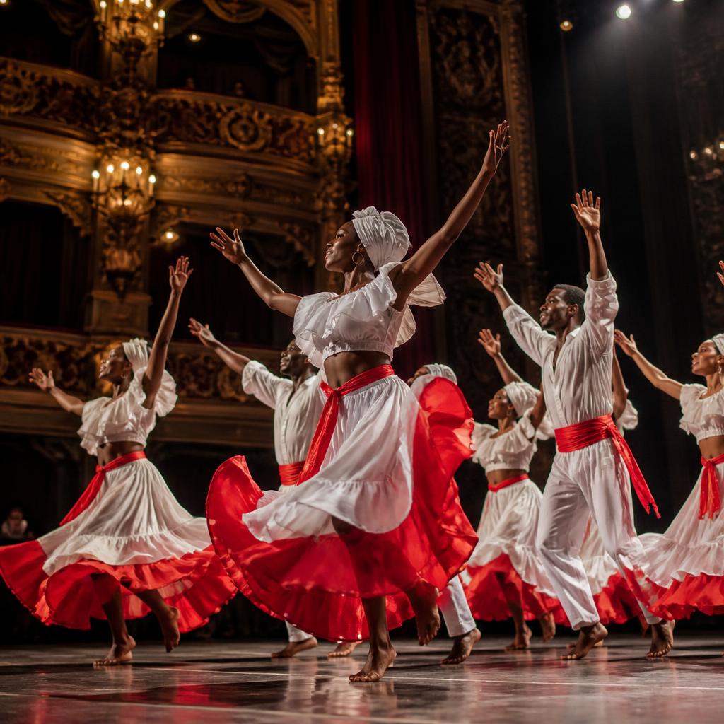 Haitian ensemble in white and red on a grand opera stage