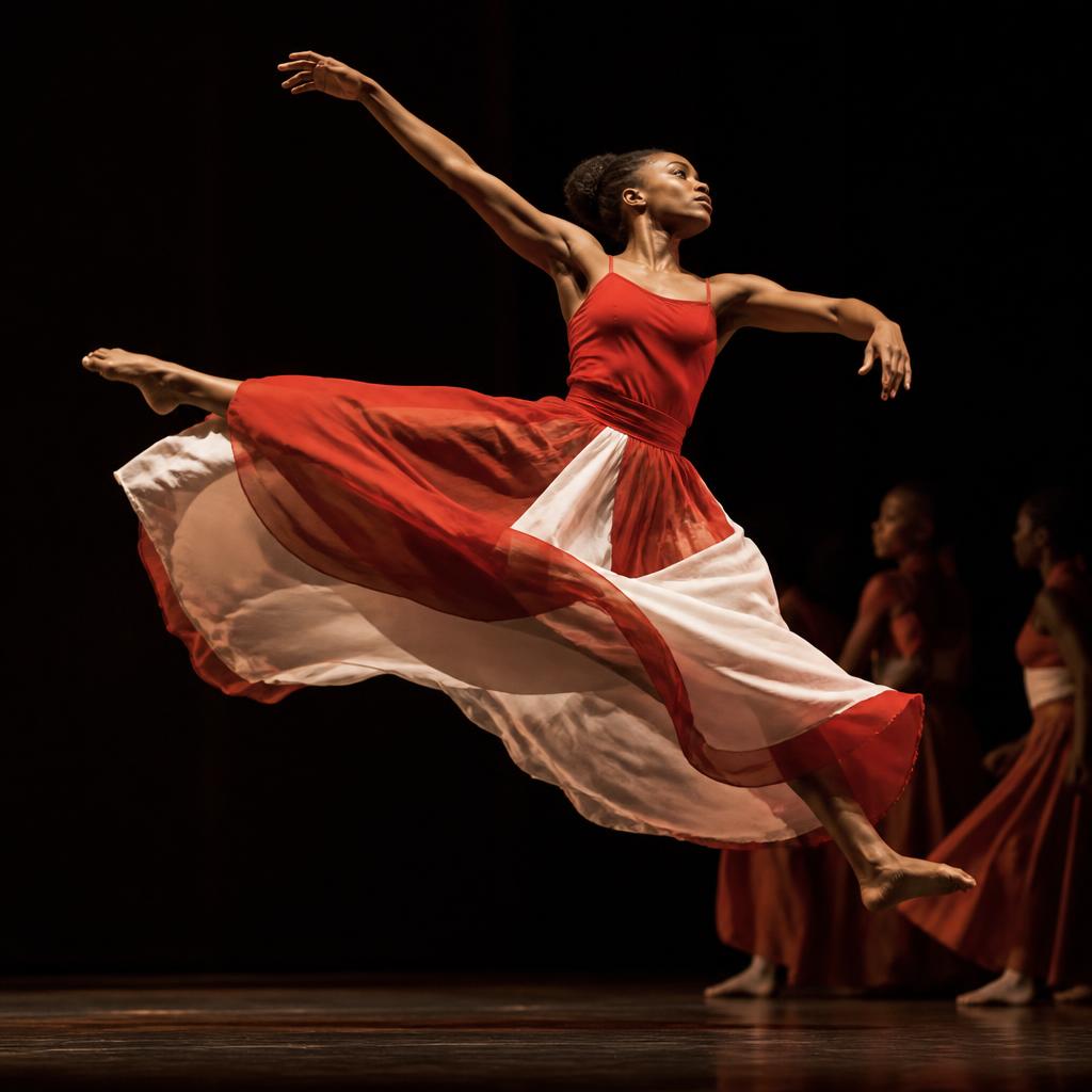 Black female dancer mid-leap in a flowing crimson and white skirt