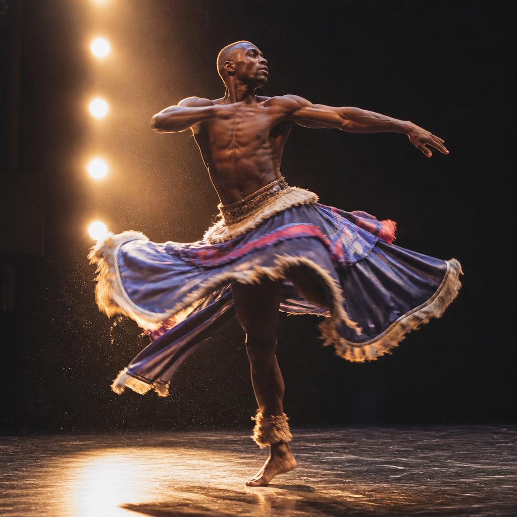 Powerful Black male dancer mid-turn in a traditional stage skirt