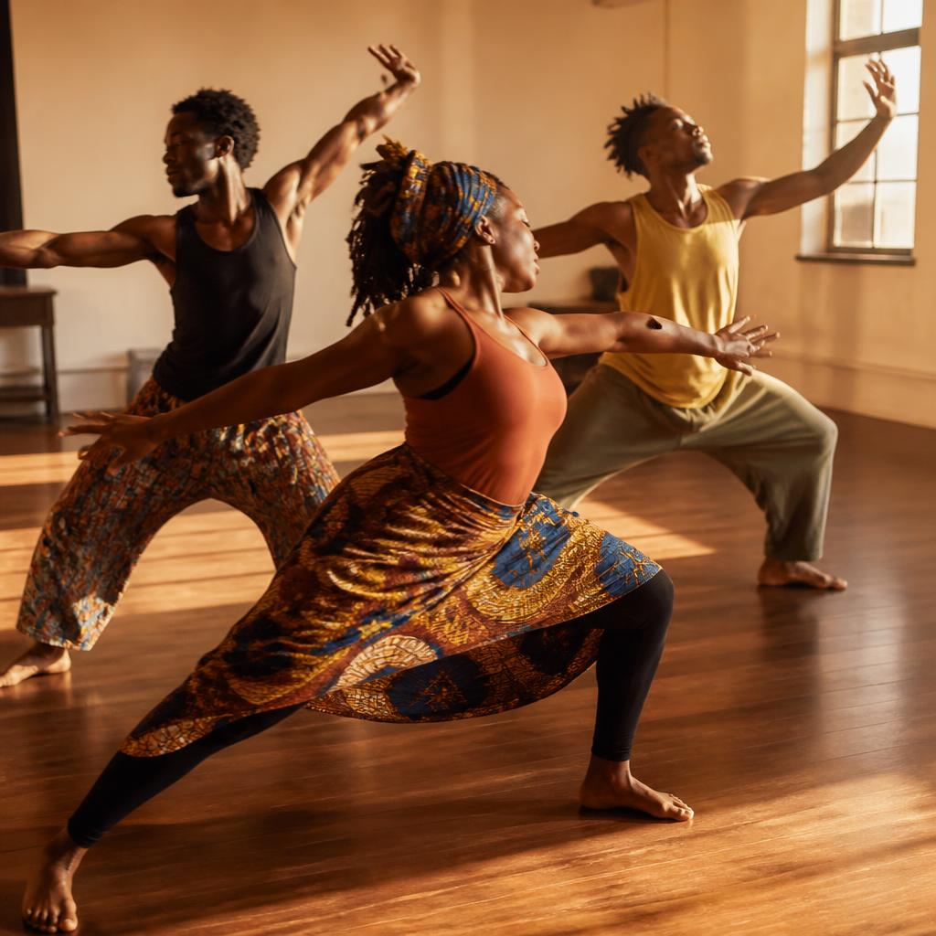 Three Haitian dancers rehearsing in a sunlit studio
