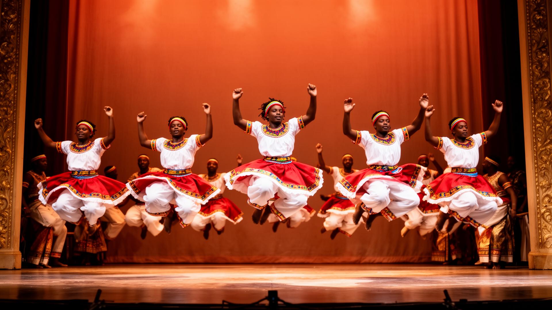 Haitian dance ensemble on a grand stage