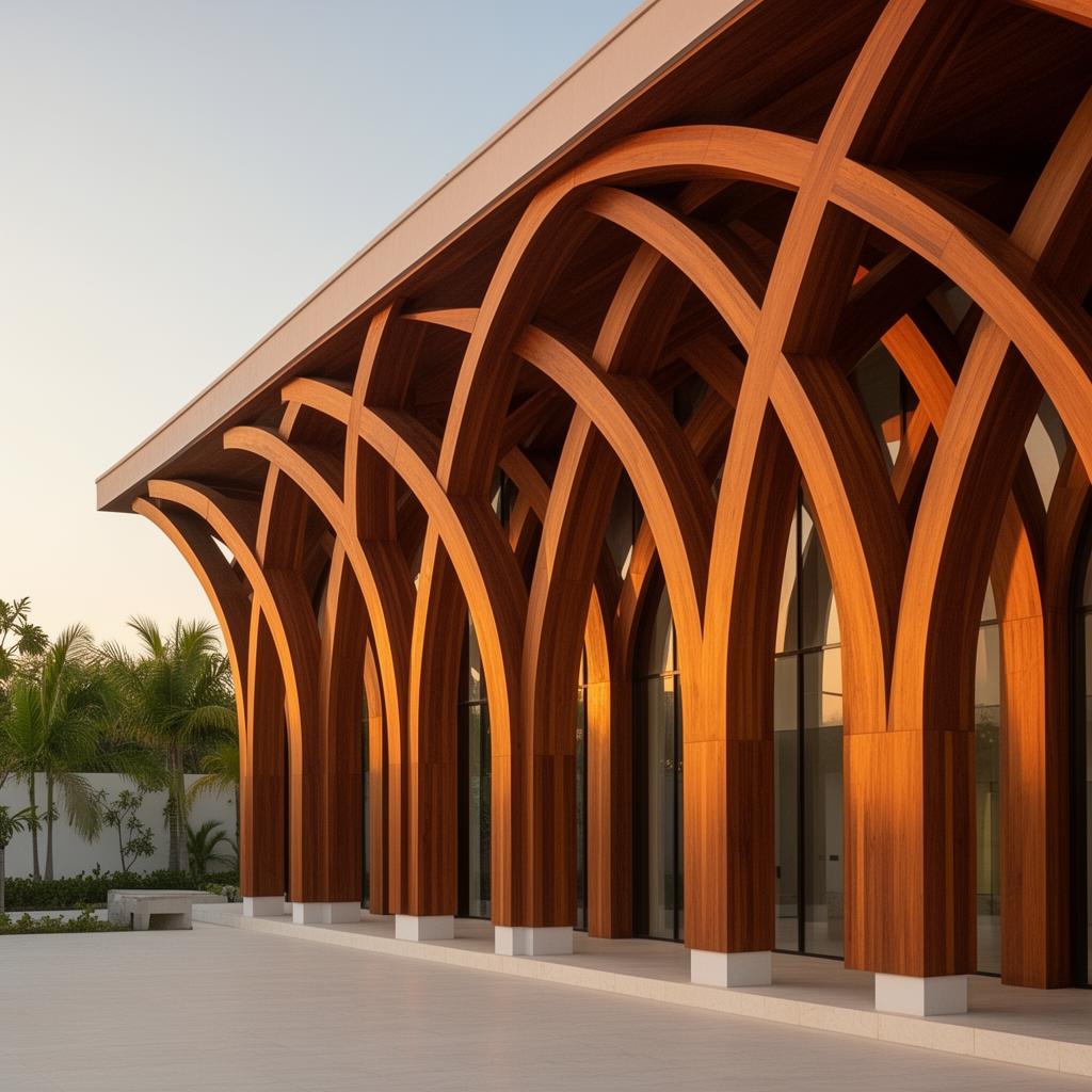 Interlocking warm wooden arches of a modern Haitian cultural center at golden hour